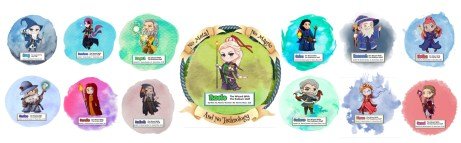 A colorful illustration featuring a collection of whimsical character designs, each displayed in circular backgrounds, labeled with names and descriptions. The central character, a girl with pink hair, is surrounded by various fantasy figures like wizards and sorcerers, emphasizing magical themes.