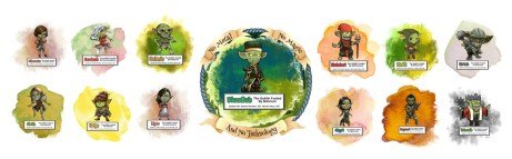 Illustration of various goblin characters with unique designs and descriptions, featuring a central character wearing glasses and surrounded by colorful backgrounds.