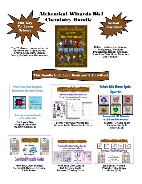 Promotional graphic for 'Alchemical Wizards Bk1 Chemistry Bundle' featuring fun science learning materials, including a book and six activities focused on 20 elements of the periodic table.