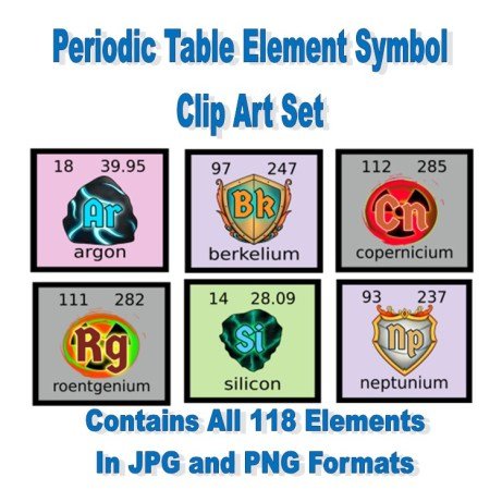 Clip art set of periodic table element symbols featuring argon, berkelium, copernicium, roentgenium, silicon, and neptunium. Includes all 118 elements in JPG and PNG formats.