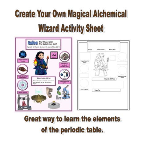 Illustration of a creative activity sheet titled 'Create Your Own Magical Alchemical Wizard', featuring a wizard character and periodic table elements. Includes areas for writing and drawing, emphasizing learning about elements in a fun way.
