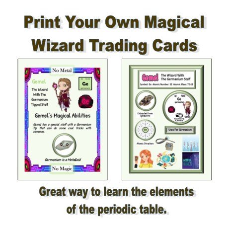 Image promoting the printing of magical wizard trading cards, featuring a character named Gemel with a germanium tipped staff, alongside educational elements about germanium and its properties.
