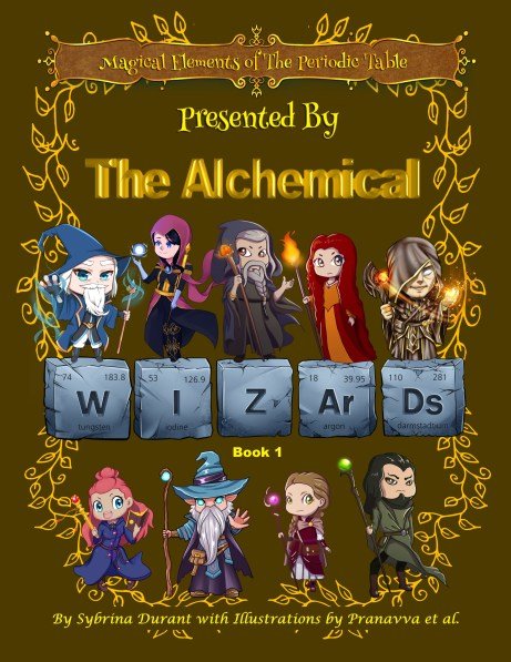 A colorful illustration featuring various cartoon wizards in a magical theme, with the title 'Magical Elements of The Periodic Table' at the top. The wizards are depicted with different magical attributes, and the letters spelling 'WIZARDS' are shown prominently alongside element symbols and their atomic numbers.