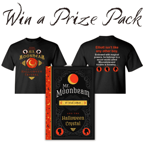 Promotional image featuring a prize pack for 'Mr. Moonbeam and the Halloween Crystal', including black t-shirts with front and back designs and the book cover.